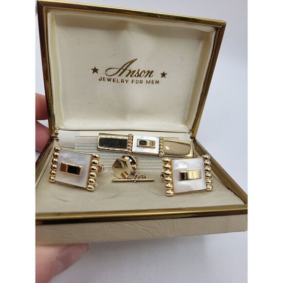Anson Cufflinks Tie Clip & Button Pin Abalone New In Box